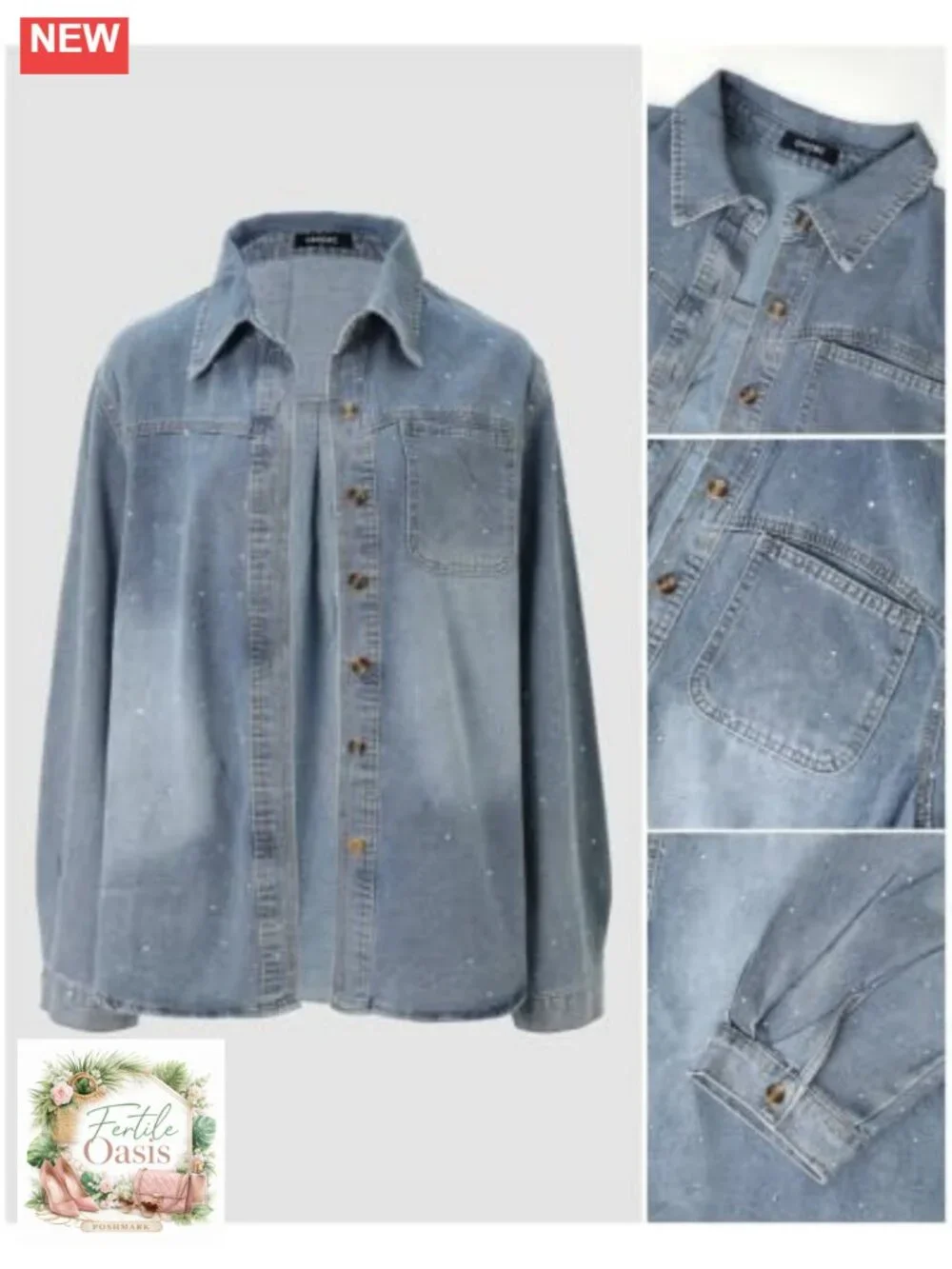 Rhinestone Washed Denim Shacket Oversized Long Sleeve Button Down Jacket